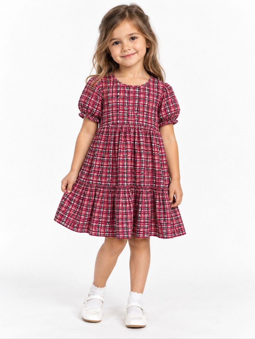 Plaid Tiered Ruffle Dress Lucky Jade Girls Size 5 Lined Puff Sleeve Holiday